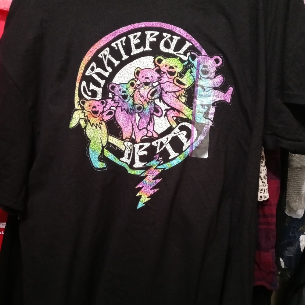Grateful Dead Dancing Bear Tie Dye Colors Black Short Sleeve Women TShirt M & L